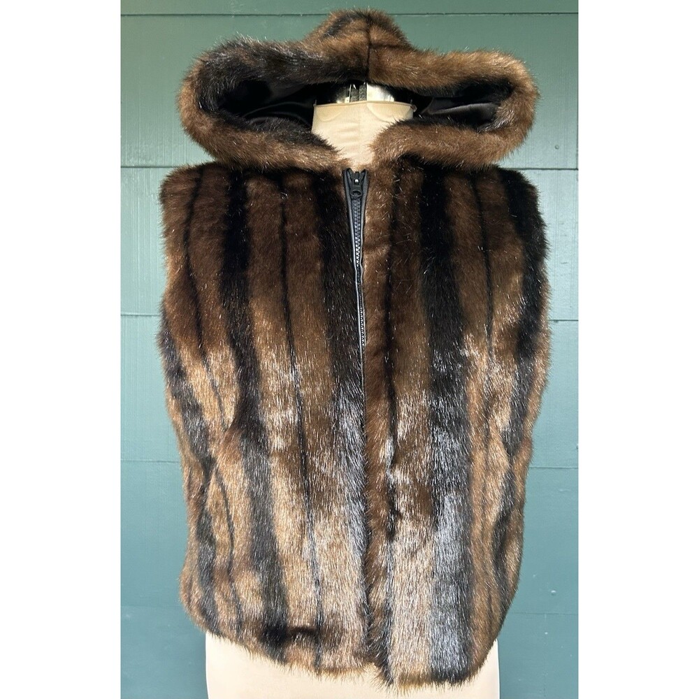 Vintage 90s Cejon Faux Fur Vest Small Hooded Striped Mobwife Y2K Brown Black